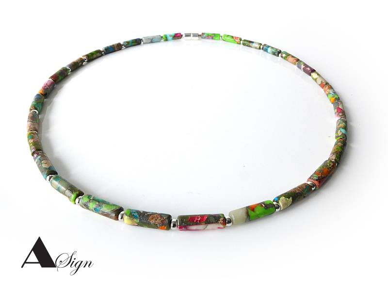 A Sign Petite Halb-Edelstein, Picasso Jaspis/Jasper Damen Perlen/Walzen Kette, Halskette Bunt Edelstahl-Spacer, Magnet-Verschluss von ASignSchmuckDesign