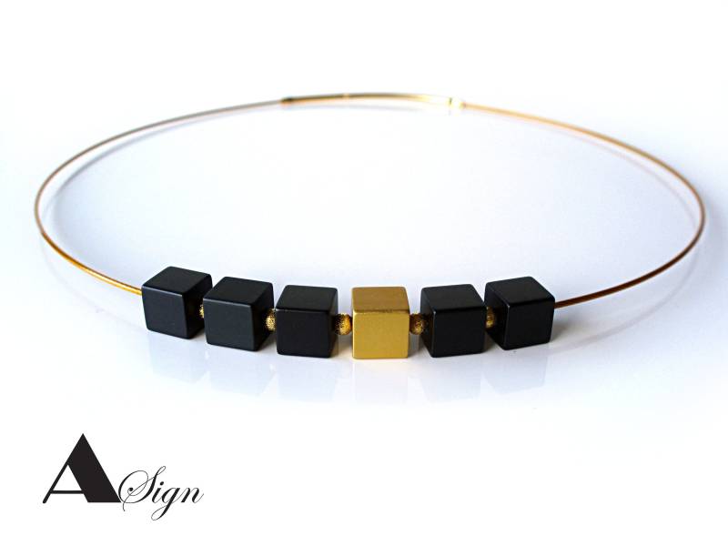 A Sign Silver + Golden Circle Aluminium-Würfel Damen Halskette Kette/Edelstahl-Halsreif/Reif Schwarz/Silber/Gold 40 Bis 52 cm von ASignSchmuckDesign