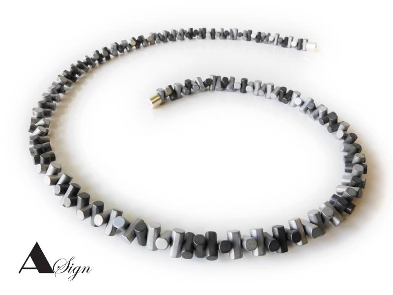 A Sign Tringle Zierliche Hämatit-stäbchen Damen Halskette/Kette Magnet-Verschluss Anthrazit /Silber-Grau von ASignSchmuckDesign