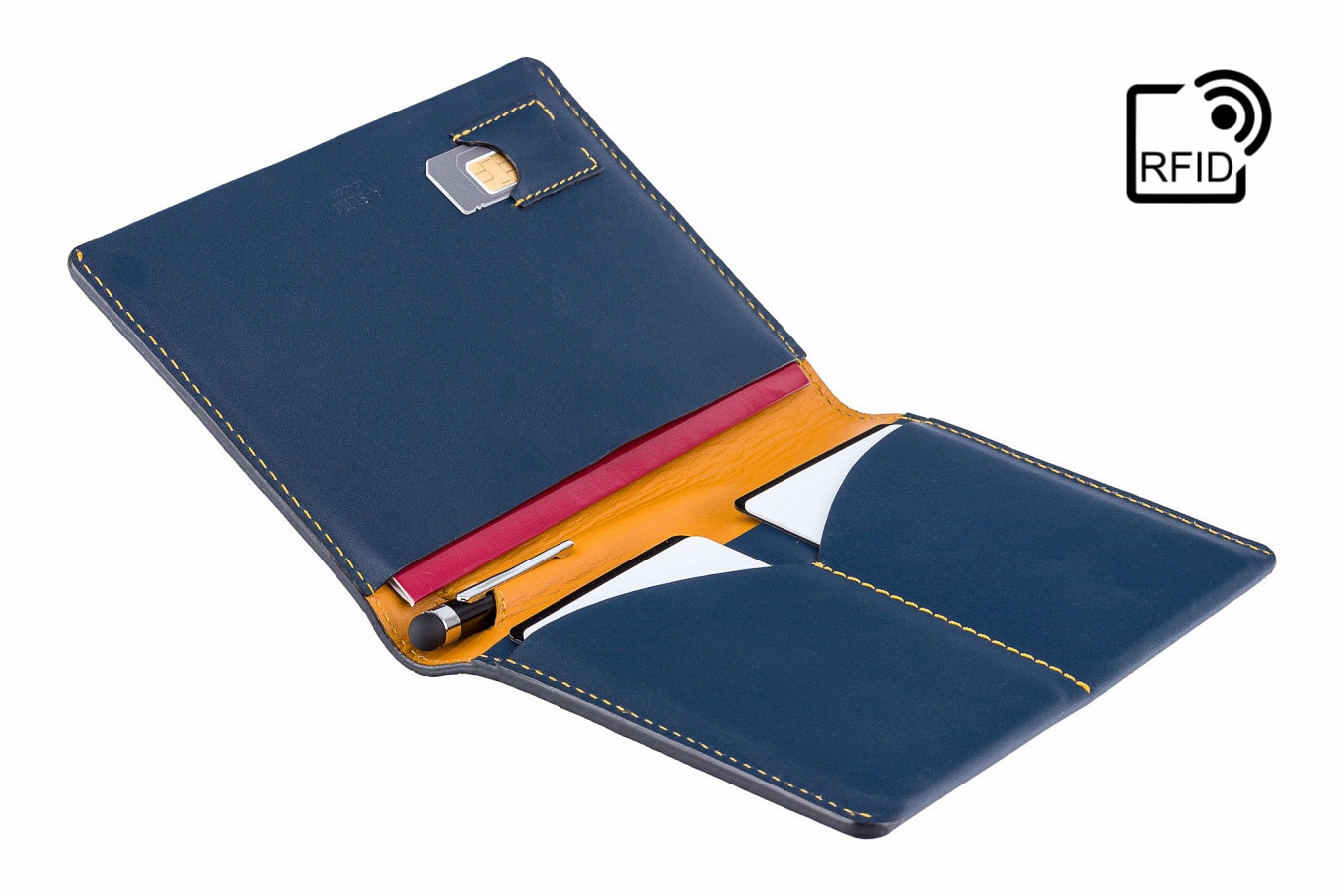Luxus Rfid Leder Passhalter Blau & Gelb Reisebrieftasche Luxus Rfid Leder Passhalter Blau & Gelb Reisebrieftasche von ASlimLondon