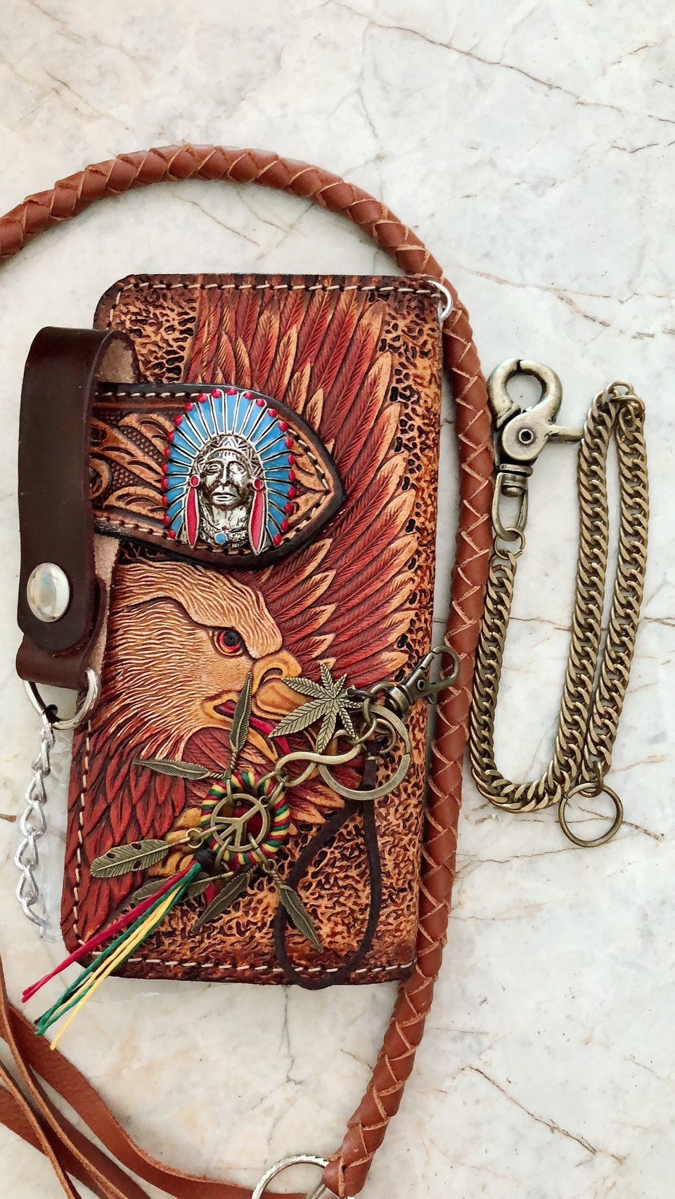 Geschnitztes Leder Biker Portemonnaie Kette Adler Geschnitzt Bifold Western Cowboy Jahrestag Geschenk Für Ihn von AT7777