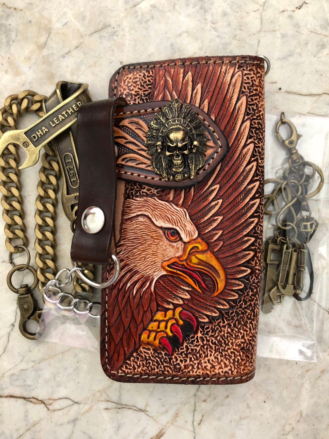 Geschnitztes Leder Biker Portemonnaie Kette Adler Geschnitzt Bifold Western Cowboy Jahrestag Geschenk Für Ihn von AT7777