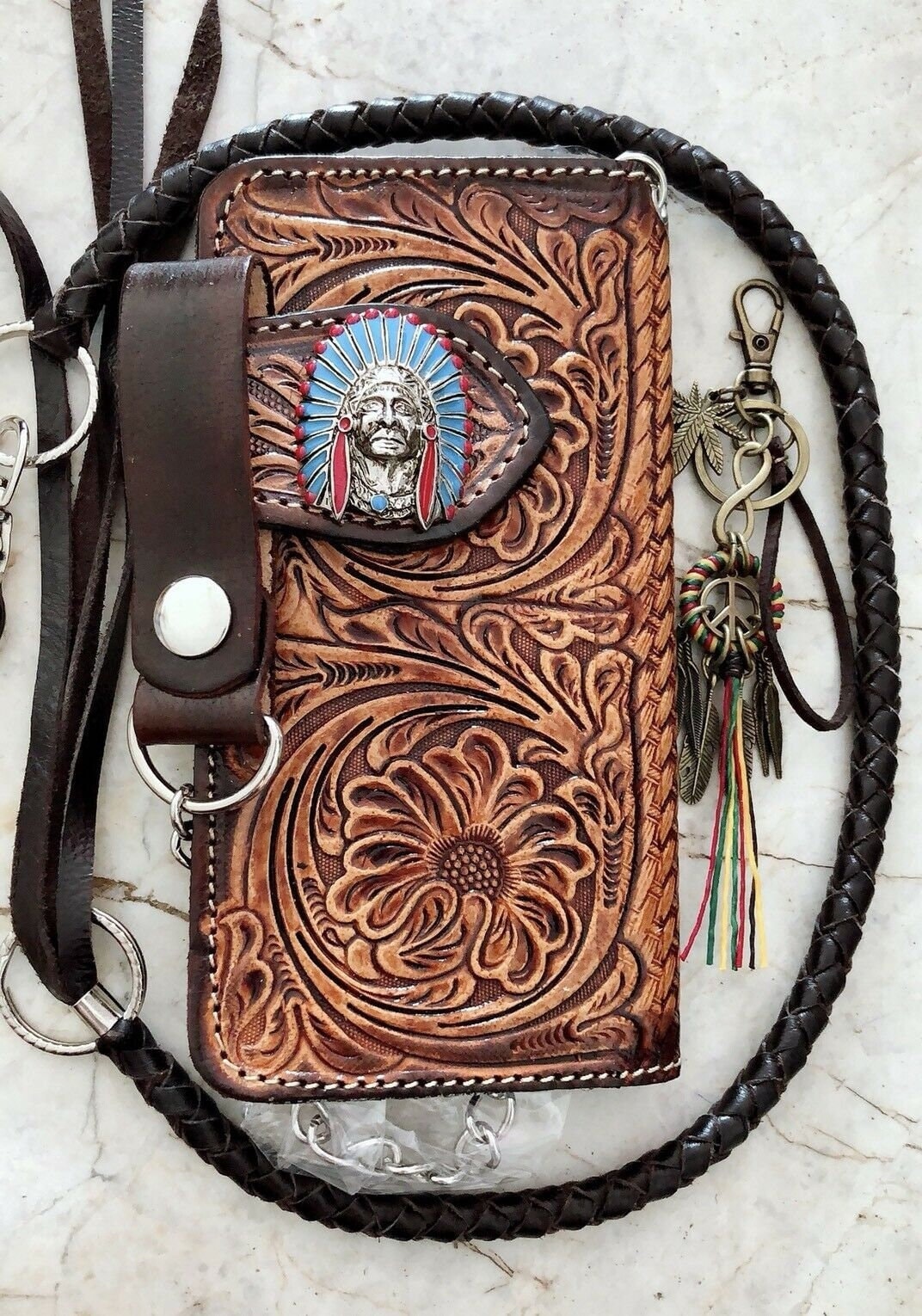 Geschnitztes Leder Biker Portemonnaie Kette Blume Geschnitzt Bifold Western Cowboy Jahrestag Geschenk Für Ihn von AT7777