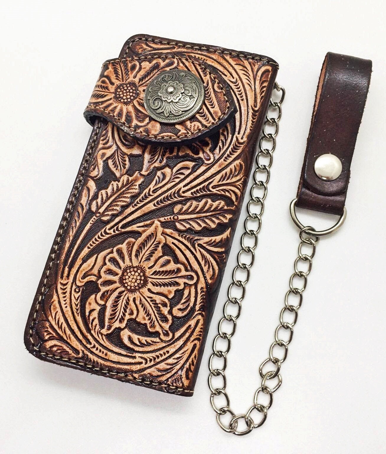 Geschnitztes Leder Biker Portemonnaie Kette Blume Geschnitzt Bifold Western Cowboy Jahrestag Geschenk Für Ihn von AT7777