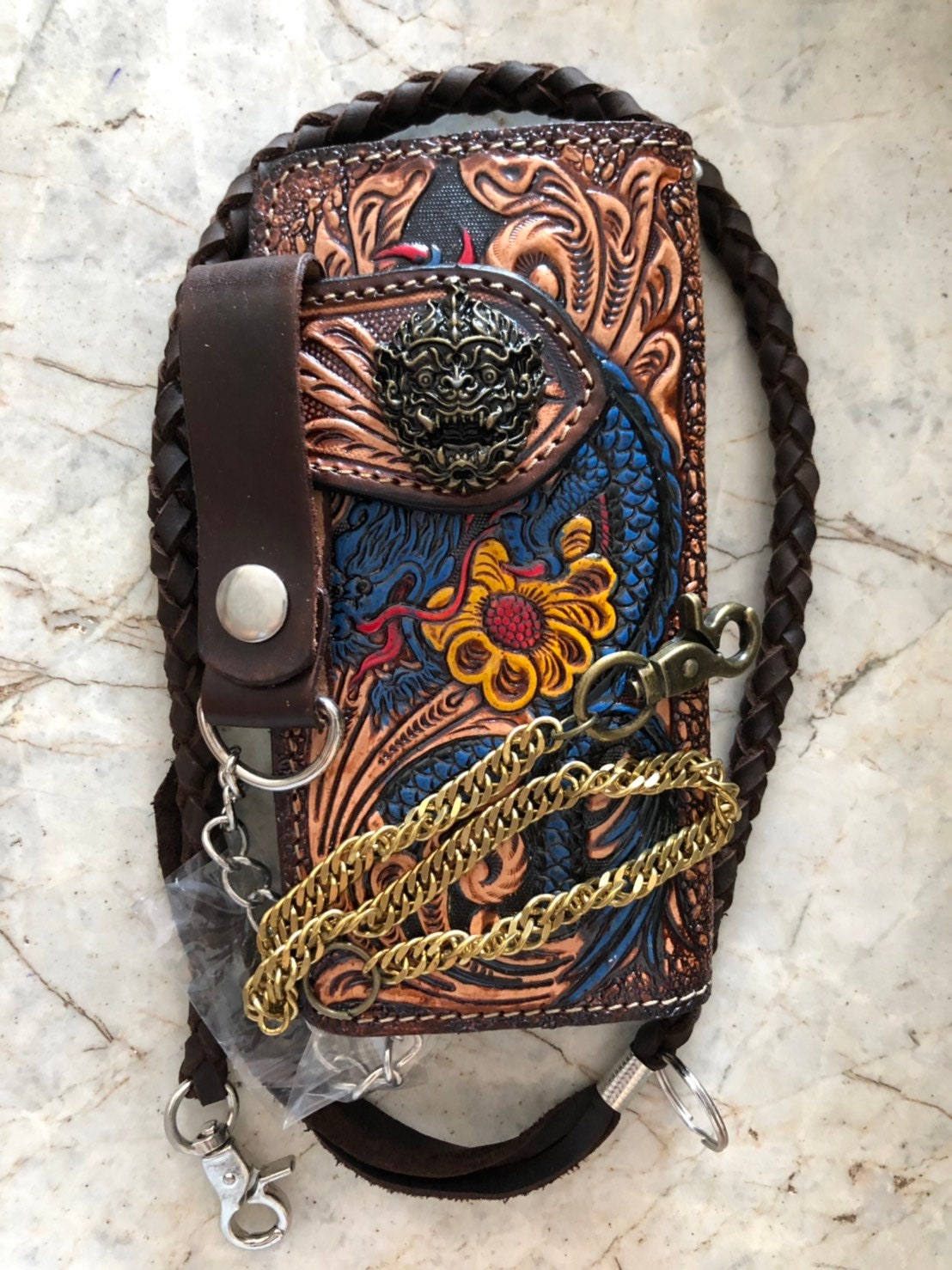 Geschnitztes Leder Biker Portemonnaie Kette Drache Geschnitzt Bifold Western Cowboy Jahrestag Geschenk Für Ihn von AT7777