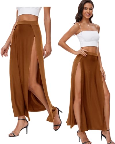 Damen Elastische Taille Hoch Split Wrap Flowy Long Maxi Rock Einfarbig Seitenschlitz Strand Party Maxi Röcke Renaissance Kostüm, Braun, Groß von ATAMET