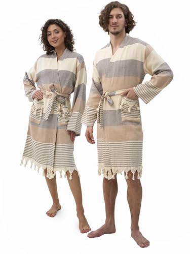 ATANI 100% türkische Baumwolle Bademantel Waffel Weiche Robe Knielang Unisex SPA Strand Pool Leichte Roben für Frauen Männer Geschenk, Braun-Hellbraun, Large von ATANI