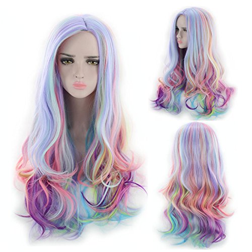 ATAYOU Regenbogen Cosplay Damen Perücke für Halloween Karneval Kostüm, Lange Locken Regenbogen Haar Perücke Mit Perücke Kappe(Mehrfarbig) von ATAYOU