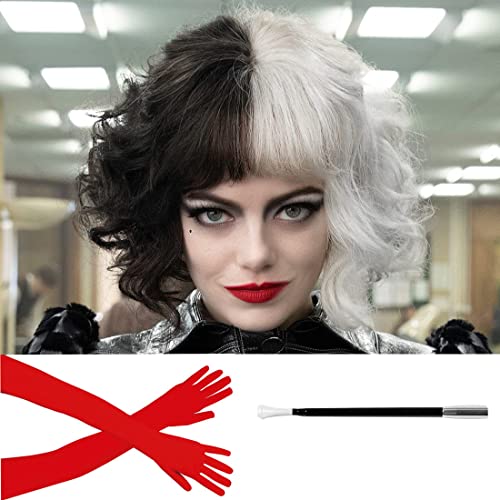 Kurze Schwarze und Weiße Perücke mit Rote Handschuhen und Halterung, ATAYOU Frauen Kurz Halb Schwarz Halb Weiß Halloween Kostüm Perücke von ATAYOU