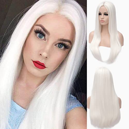 ATAYOU Damen Lange Weiße Perücke Glatt Synthetische Weiße Perücke Cosplay Perücken Für Party Halloween Karneval Kostüm von ATAYOU