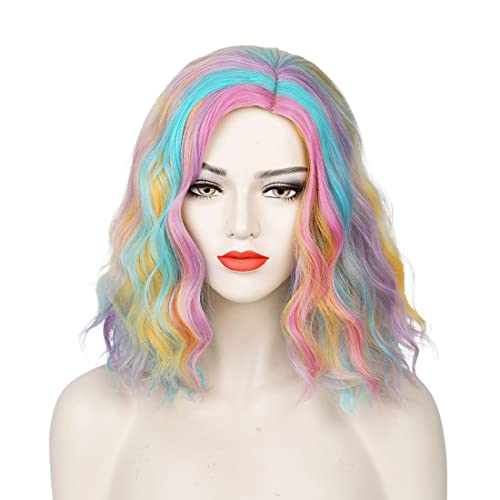 ATAYOU Kurze Regenbogen Perücke Mehrfarbiger Bob Synthetische Damen Perücke für Fasching Karneval Halloween Party von ATAYOU