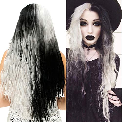 Damen Lange Schwarz Silber Grau Perücke, ATAYOU Halb Schwarz Halb Silber Grau Synthetische Perücke für Karneval Fasching Fastnacht Holloween Kostüm Damen von ATAYOU