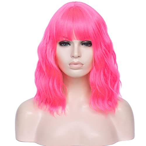 Kurze Heiße Rosa Bob Perücke, ATAYOU Damen Rot Pink Lockig Gewellt Halloween Karneval Cosplay Perücke von ATAYOU