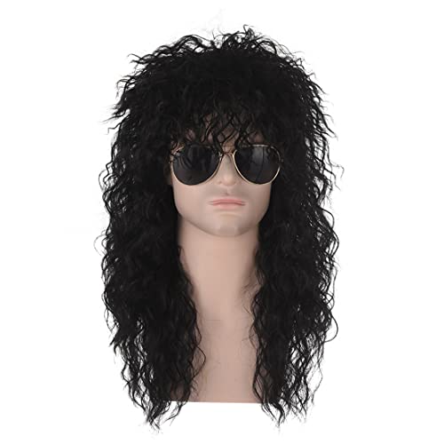 Schwarze Lange Vokuhila Mullet Perücke, ATAYOU 80er Jahre lange schwarze Punk Heavy Metal Perücke Retro Rocker Disco Perücke Halloween Cosplay Perücke Unisex (Schwarz 710) von ATAYOU