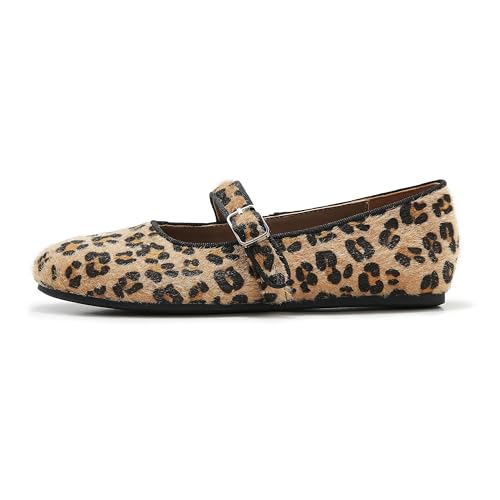 ATBELL Ballerinas aus Netzstoff für Damen, runde Zehenschnalle, Riemen, Mary Jane, flach, bequem, lässig, Ballerina-Schuhe, Leopardenmuster, Kalbshaar, 39 EU von ATBELL