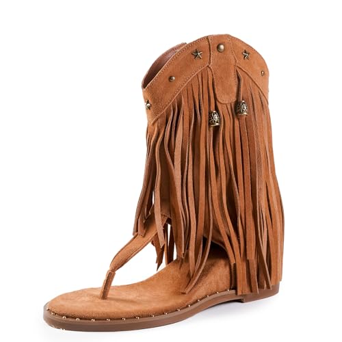 ATBELL Damen Bohemian Quaste Gladiator Sandalen Braun Wildleder Thong Flip Flops für Fransen Sommer Keilabsatz Sandalen mit Nieten Westernschuhe, Braun, 35 EU von ATBELL