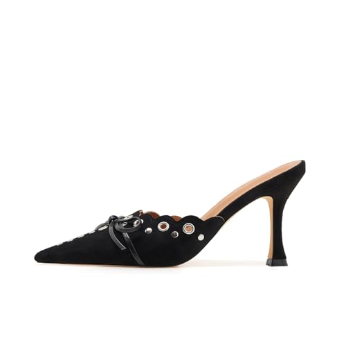 ATBELL Fliege Heeled Pantoletten Nieten Pumps Spitze Kätzchen Absatz Kleid Heels, Schwarz, 39 EU von ATBELL