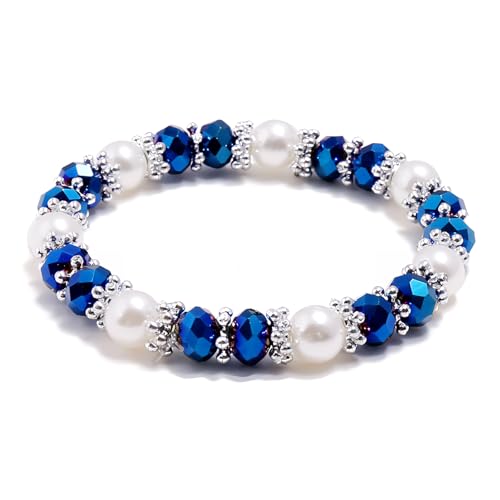 ATE Damen Armband Elastisch Perlenarmband Kristall Dekoratives Design mit Silberfarbenen Zwischenperlen B224 (Blau) von ATE