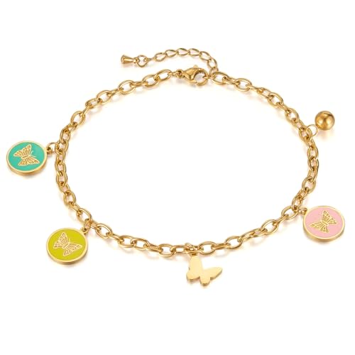 ATEIELLI Damen Armband Vergoldet Edelstahl Schmetterling Charm Fußkette Plättchenkette Emaille Anhänger Bunt b172 (Fußkette-25,5cm) von ATEIELLI