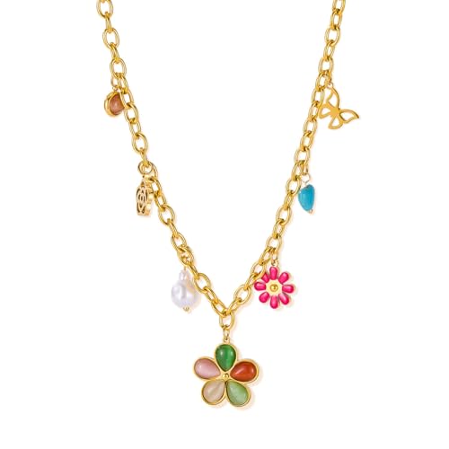 ATEIELLI Damen Kette Edelstahl Vergoldete Halskette mit Blumenanhänger Plättchenkette Bunt Frucht Herz Anhänger Sommer Schmuck c43 (Blumen) von ATEIELLI