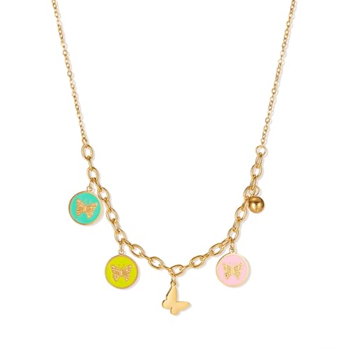 ATEIELLI Damen Kette Schmetterling Anhänger Edelstahl Vergoldet Halskette Bunt Emaille Plättchenkette c42 von ATEIELLI
