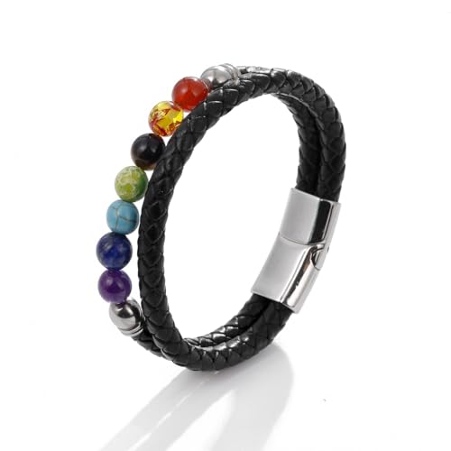 ATEIELLI Geflochtenes Lederarmband mit 7 Chakren Perlen Edelstahl-Magnetverschluss – Verfügbar in 21,5 cm und 23 cm (L - 23 CM) von ATEIELLI