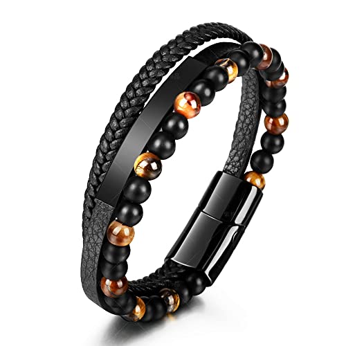 ATEIELLI Herren Armbänder Naturstein Geflochtenes Leder Armband Tigerauge JWB333 (Schwarz) von ATEIELLI