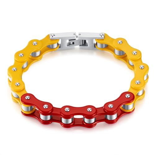 ATEIELLI Herren Armband Edelstahl Motorrad-Kette Armband 21 cm Zweifarbiges Design b302 (Gelb Rot) von ATEIELLI