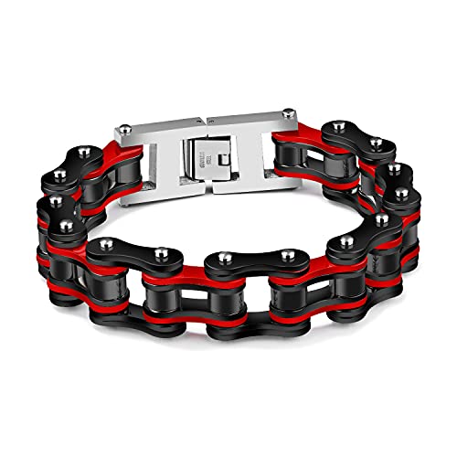 ATEIELLI Herren Armband Edelstahl Zweifarbig Fahrradkette Schwarz Armbänder Männer Geschenk JWB300 (Rot-Weit) von ATEIELLI