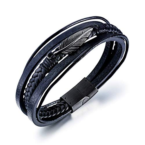 ATEIELLI Herren Armband Feder Schwarz PU Leder mit Edelstahl Magnetverschluss B311 (Schwarz) von ATEIELLI