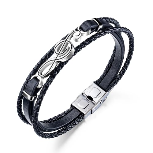 ATEIELLI Herren Armband Note Musik Thema Edelstahl Lederarmband 22cm JWB318 von ATEIELLI