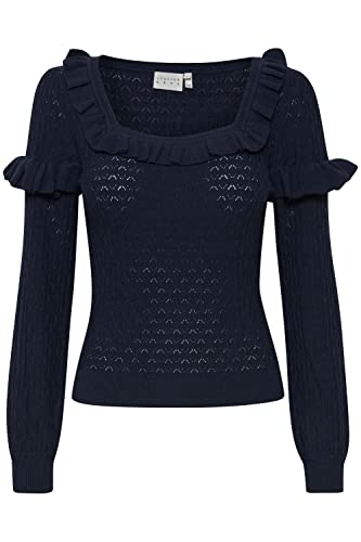 ATELIER RÊVE ICHI IRFANTINO LS Damen Strickpullover Feinstrick Pullover Karree-Kragen Struktur-Strick mit Rüschen, Größe:L, Farbe:Total Eclipse (194010) von ATELIER RÊVE ICHI