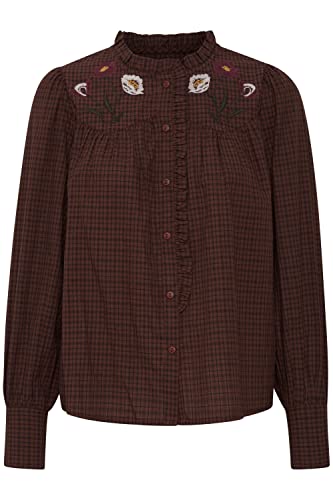 ATELIER RÊVE ICHI IRLEROY SH Damen Langarmshirt Langarmbluse Bluse Hemdbluse Stehkragen mit Raffung Kariertes Muster und Stickereien aus 100% Baumwolle, Größe:42, Farbe:Meteorite (194008) von ATELIER RÊVE ICHI