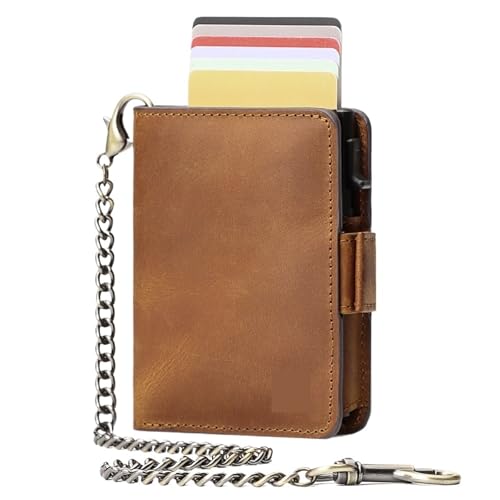 ATEUXOL Kartenetui Schutz-Kreditkartenetui for Herren, Leder-Geldbörse mit Eisenkette, kleines Münzfach Reißverschluss, Mini-Biker-Geldbörse(Brown) von ATEUXOL
