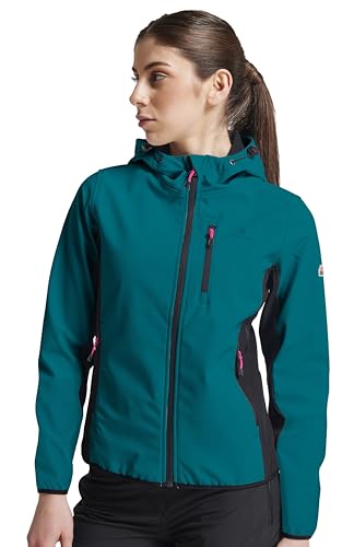 ATHL DPT. Damen moderne Softshelljacke wasserabweisende und atmungsaktive Funktionsjacke mit Kapuze, Sommerjacke Türkis mit Schwarz, Gr. M von ATHL DPT.