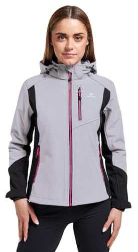 ATHL DPT. Damen moderne Softshelljacke wasserabweisende und atmungsaktive Funktionsjacke mit Kapuze, Winterjacke Hellgrau mit Schwarz, Gr. XL von ATHL DPT.