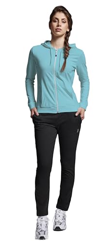 ATHL DPT. Damen modischer Jogginganzug/Sportanzug/Set aus Sweatjacke mit Kapuze und Jogginghose mit Bündchen, Türkis/Schwarz leicht, Gr. S von ATHL DPT.