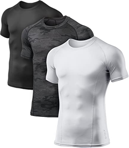 ATHLIO 1 oder 3 Pack Herren Cool Dry Kurzarm Kompressionsshirts Sport Baselayer T-Shirts Tops Athletic Workout Shirt, 3er-Pack Tops Schwarz / Urban Camo Schwarz / Weiß, XL von ATHLIO
