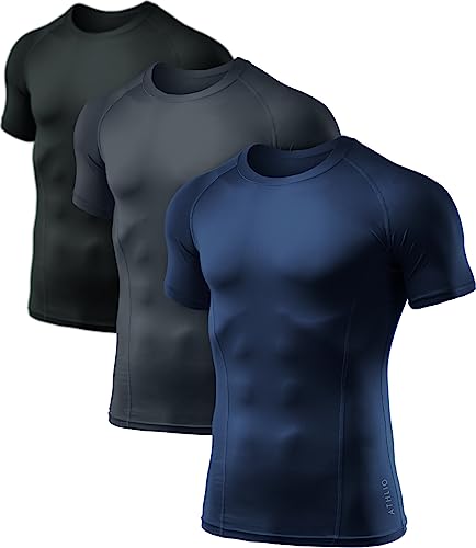ATHLIO 1 oder 3 Pack Herren Cool Dry Kurzarm Kompressionsshirts Sport Baselayer T-Shirts Tops Athletic Workout Shirt, Damen Jungen Mädchen, Stück bts02 – Schwarz Anthrazit Marineblau., Large von ATHLIO