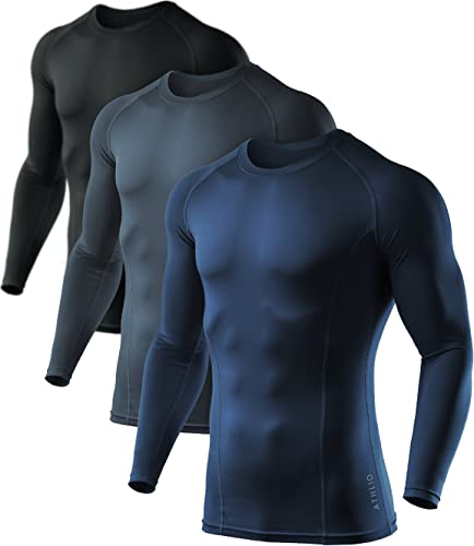 ATHLIO 1 oder 3 Pack Herren LSF 50+ Langarm Kompressions-Shirts Wassersport Rash Guard Base Layer Athletic Workout Shirt, bls01 – Schwarz / Anthrazit / Marineblau, 3er-Pack, 3X-Groß von ATHLIO