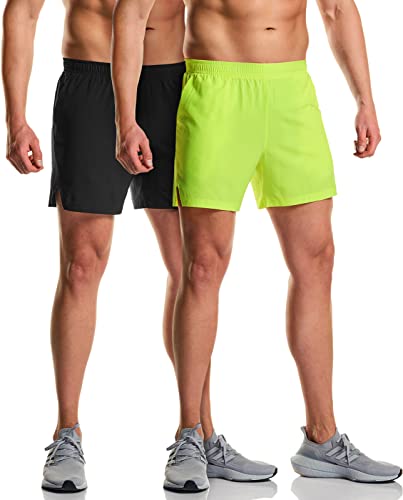 ATHLIO 2er-Pack Herren Active Laufshorts Exercise Workout Shorts Quick Dry Mesh Sport Athletic Shorts mit Taschen, Classic 12,7 cm schwarz/neongelb, Mittel von ATHLIO