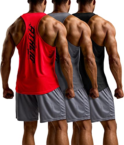ATHLIO 3er-Pack Herren Dry Fit Muscle Workout Tank Tops Y-Back Bodybuilding Gym Shirts Athletic Fitness Tank Top, Quick Dry 3er Pack schwarz/grau/rot, XL von ATHLIO