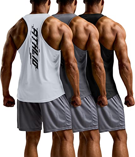ATHLIO 3er-Pack Herren Dry Fit Muscle Workout Tank Tops Y-Back Bodybuilding Gym Shirts Athletic Fitness Tank Top, Quick Dry 3er Pack schwarz/grau/weiß, Mittel von ATHLIO