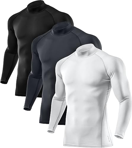 ATHLIO Herren Thermo Langarm Kompressionsshirts Mock Winter Sport Base Layer Top Active Running Shirt, Herren, Active 3er-Pack (lyt23) – Schwarz/Anthrazit/Weiß., Large von ATHLIO