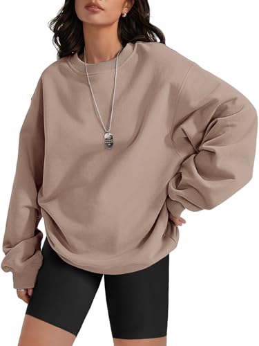 ATHMILE Übergroßes Sweatshirt für Frauen Rundhalsausschnitt Fleece Langarm Pullover Hoodies Tops Herbst Mode Outfits Kleidung 2023, Kaffeegrau, L von ATHMILE