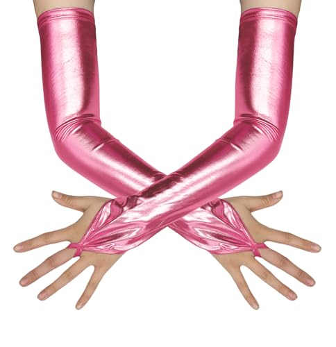 ATHX Damen Wet Look Glänzende Kostüm Handschuhe 1980er Jahre Metallic Spandex Fingerlose Oper Lange Handschuhe Zubehör, Pink, Einheitsgröße von ATHX