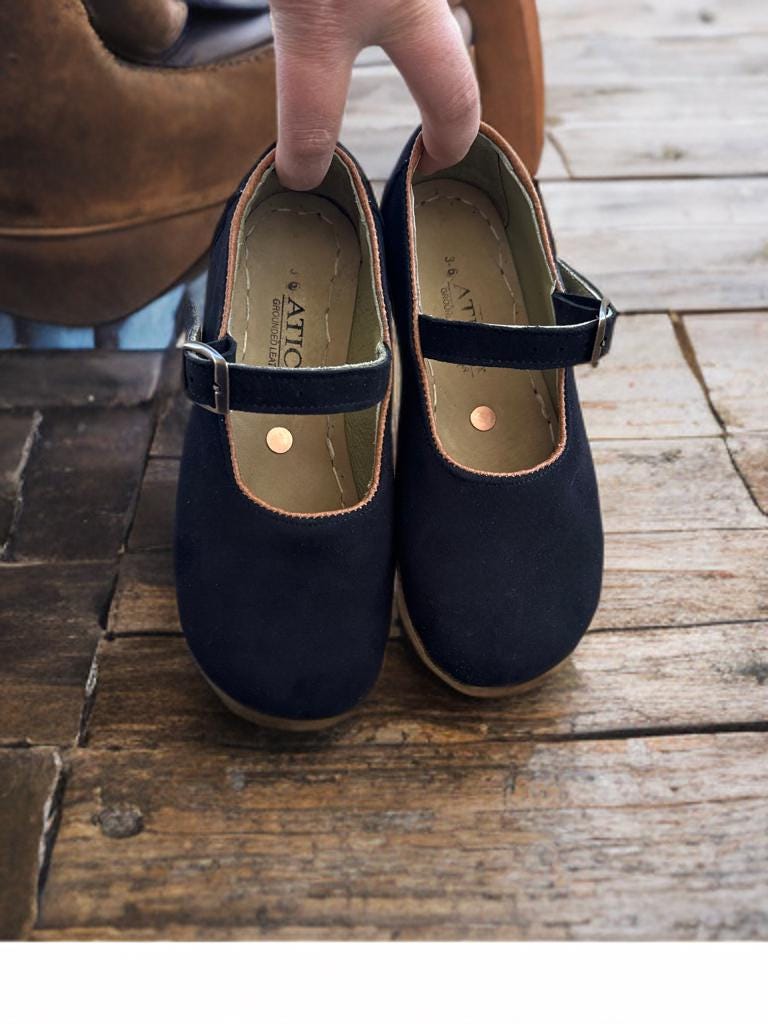 Neu Damen Handgefertigte Schwarze Wildleder Erdungsschuhe - Barfuß Mary Jane Wohnungen von ATICAgroundingshoes