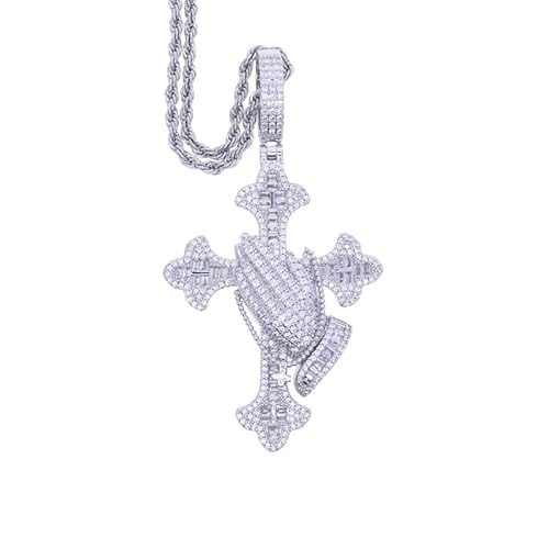 ATJMLADY Halskette mit Anhänger für Herren, Mikro-Paved, 5 A, Zirkonia, Hip-Hop-Schmuck, betende Hand, Kreuz-Anhänger, 24inches, Messing, Zirkonia von ATJMLADY