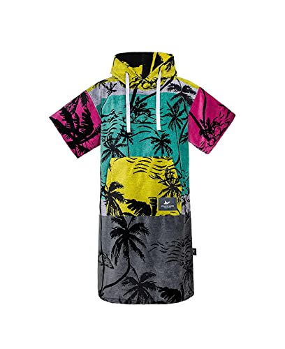 ATLANTIC SHORE | Surf Poncho | Badeponcho mit Kapuze aus 100% Baumwolle | Unisex | Palm Tree für Erwachsene in Pink/Yellow | Middle (140-174 cm) von ATLANTIC SHORE