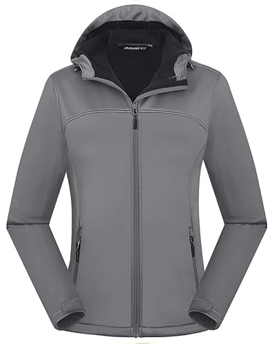 ATLASLAVA Damen Softshelljacke Wasserdichte Atmungsaktive Leichte Fleece Kapuze Übergangsjacke Laufen Wanderjacke GRAU 2XL von ATLASLAVA
